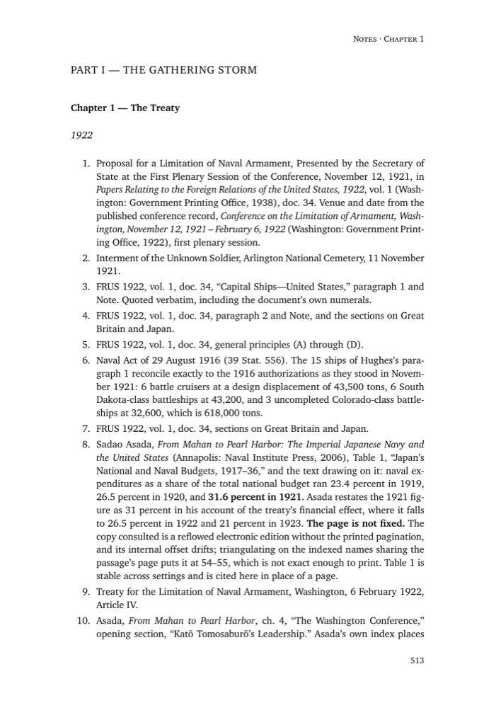 Page 513 of The Ruthless Pacific: the Chapter 1 endnotes, citing Foreign Relations of the United States by document number and stating in bold that one source's pagination is not fixed.